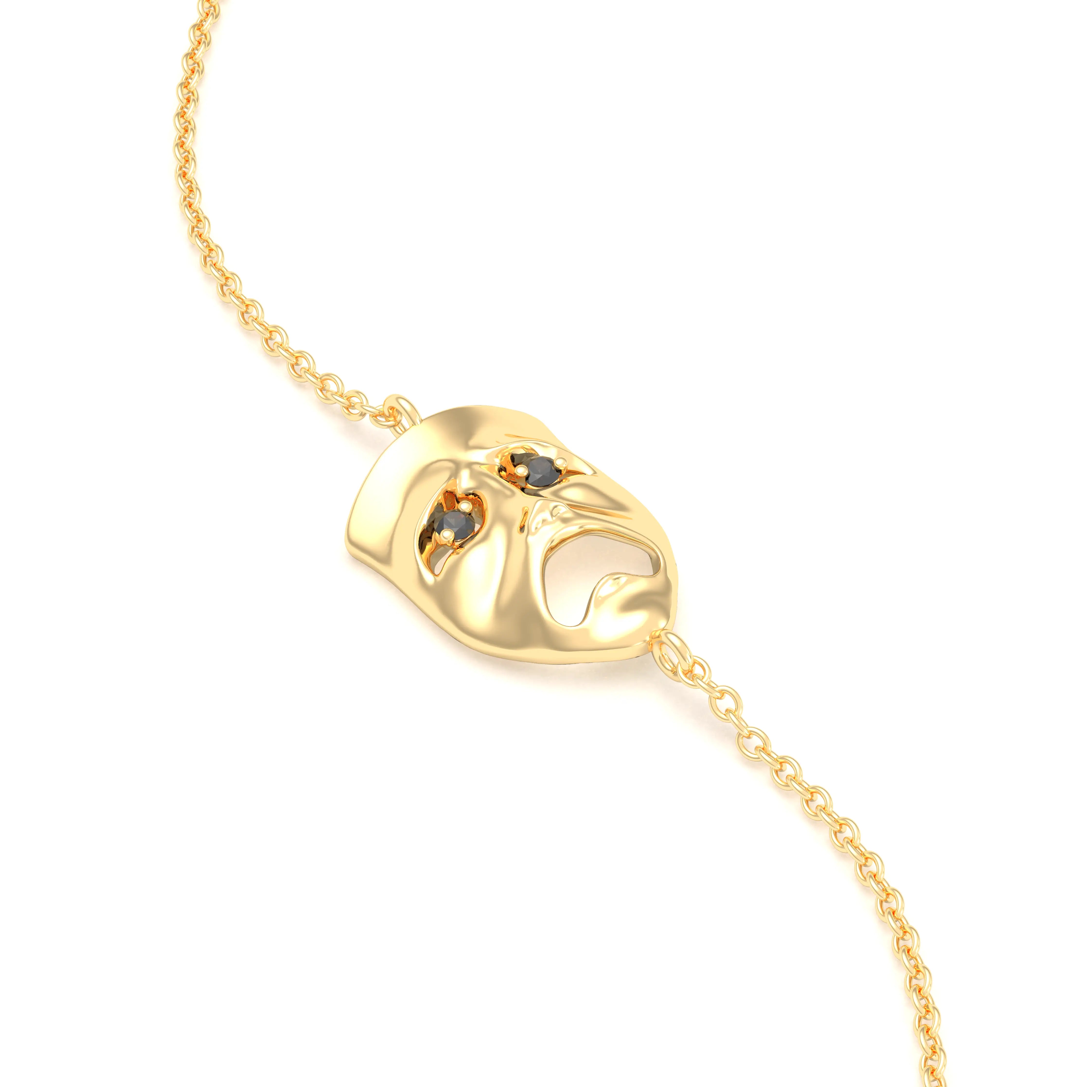 Bracelet Mélancolie en or jaune 18 carats, masque théâtre triste Diamant noir