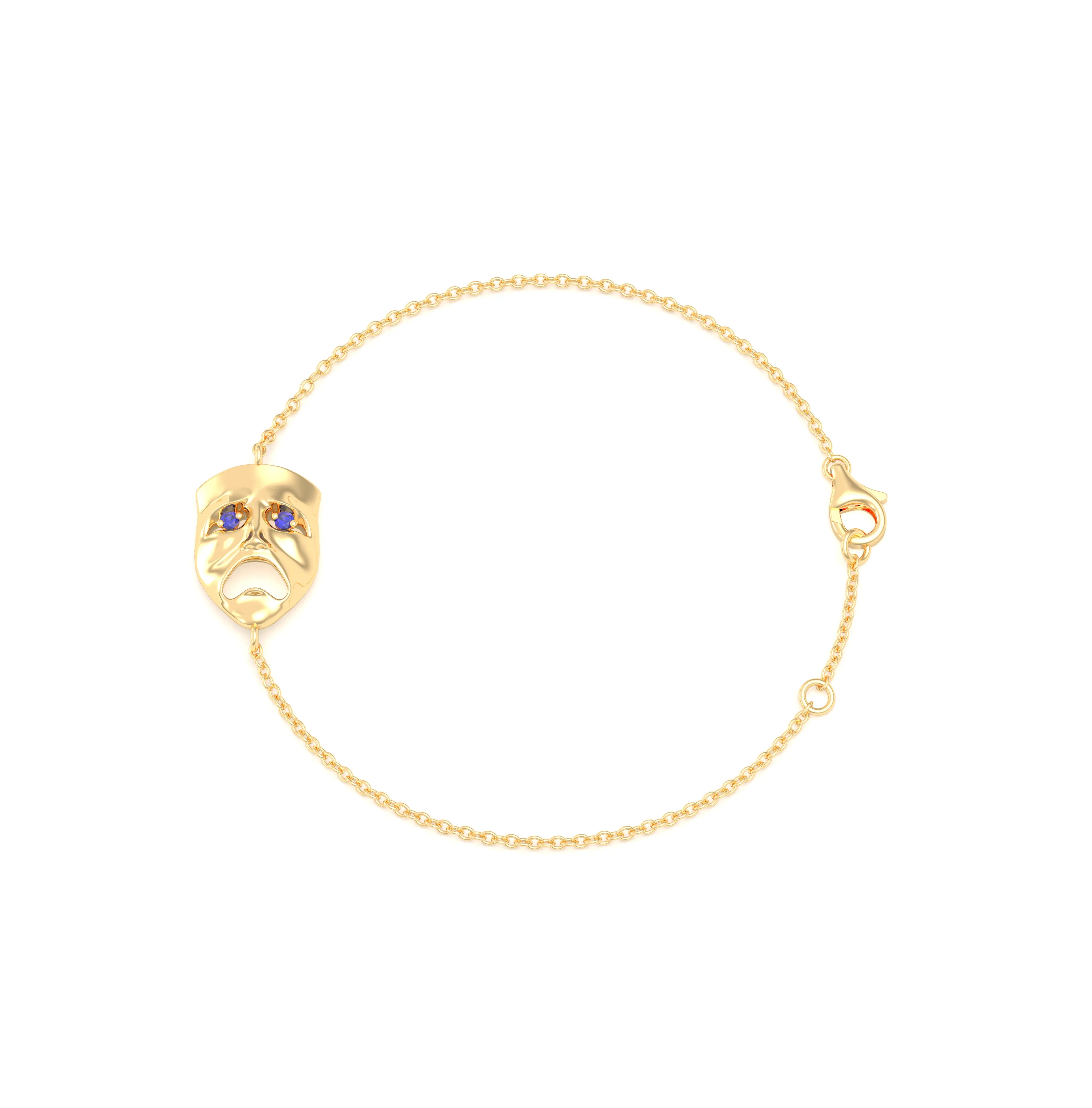 Bracelet Mélancolie en or jaune 18 carats, masque théâtre triste