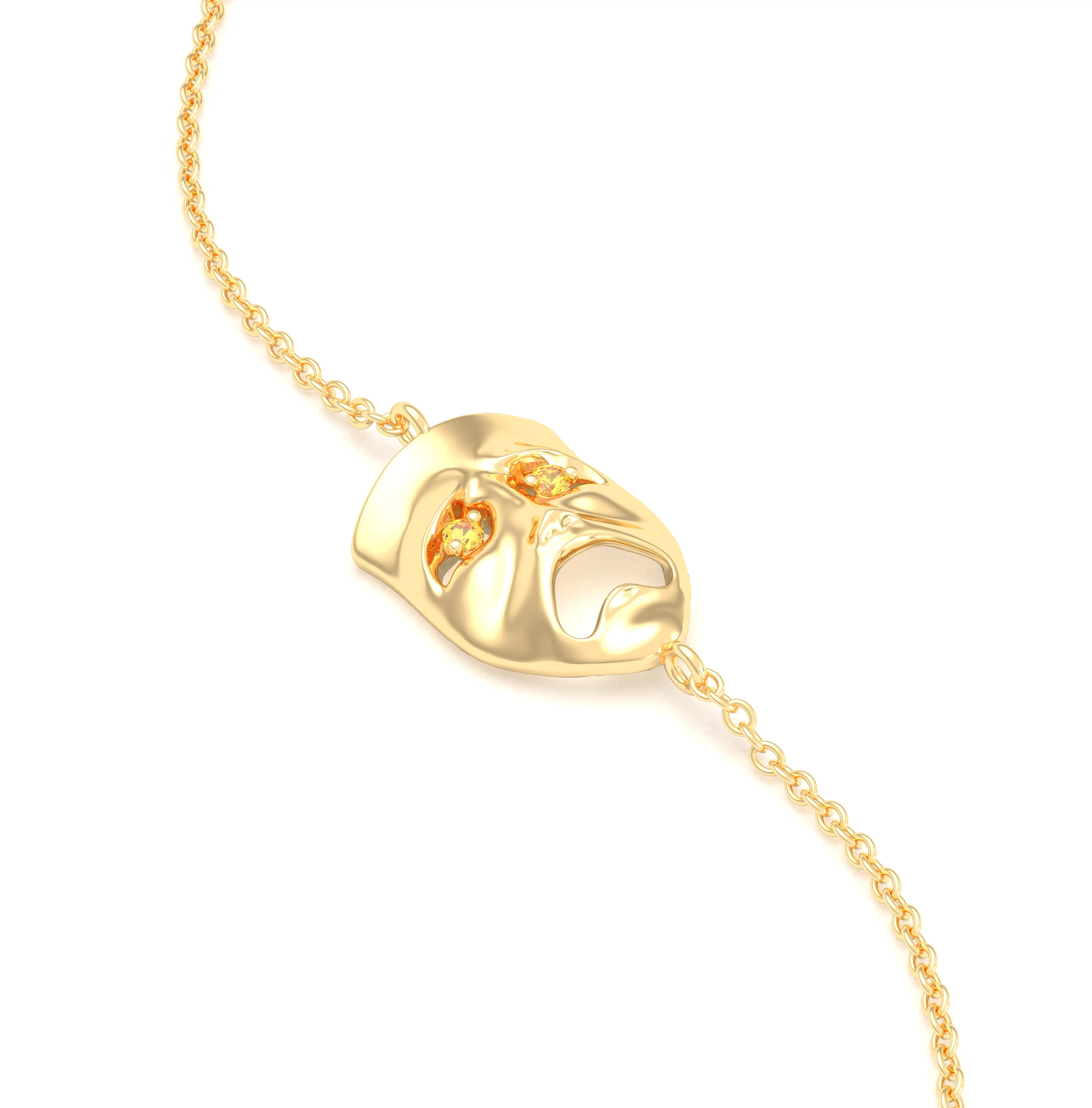Bracelet Mélancolie en or jaune 18 carats, masque théâtre triste Saphir jaune