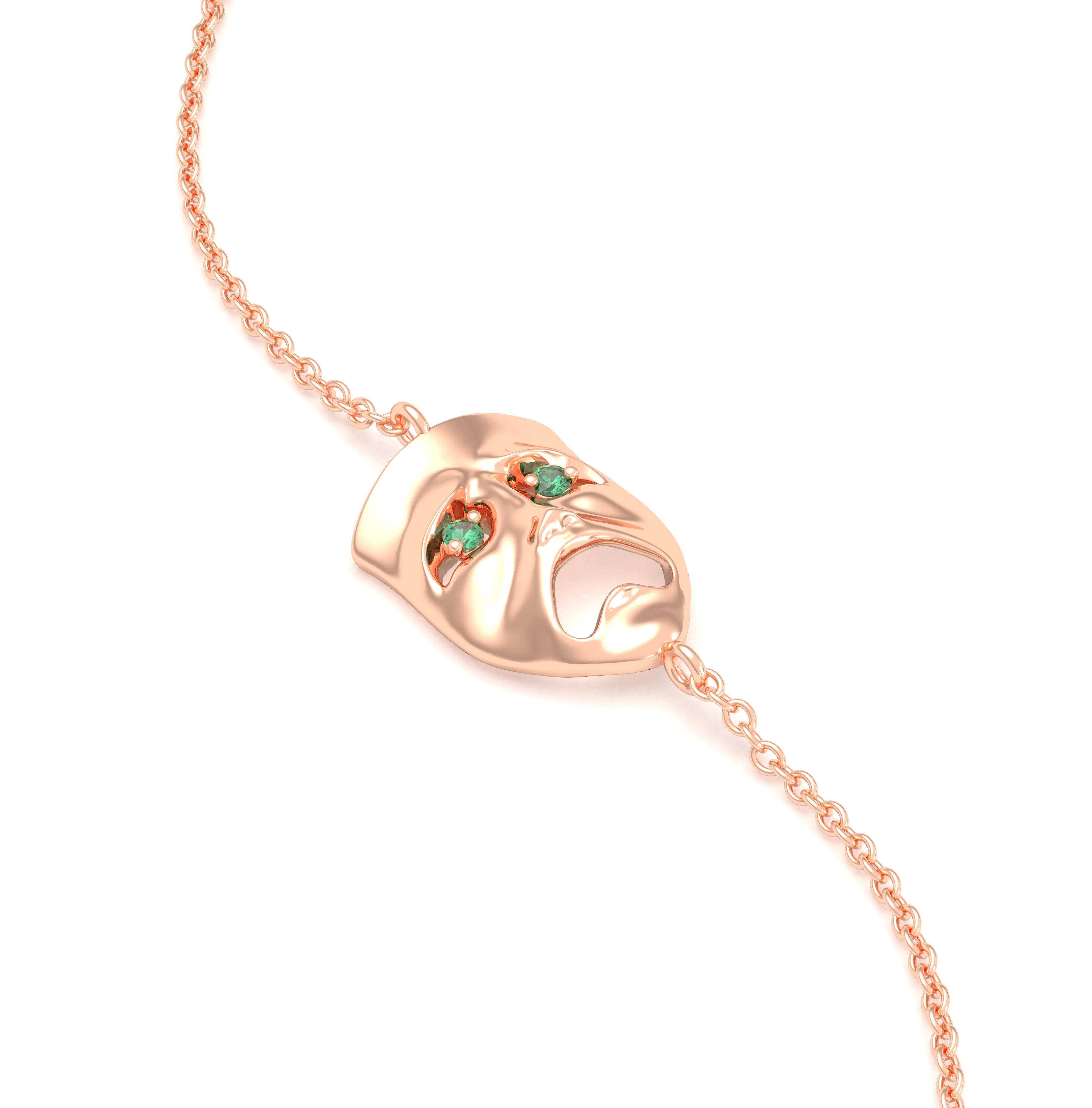 Bracelet Mélancolie en or rose 18 carats, masque théâtre triste Emeraude