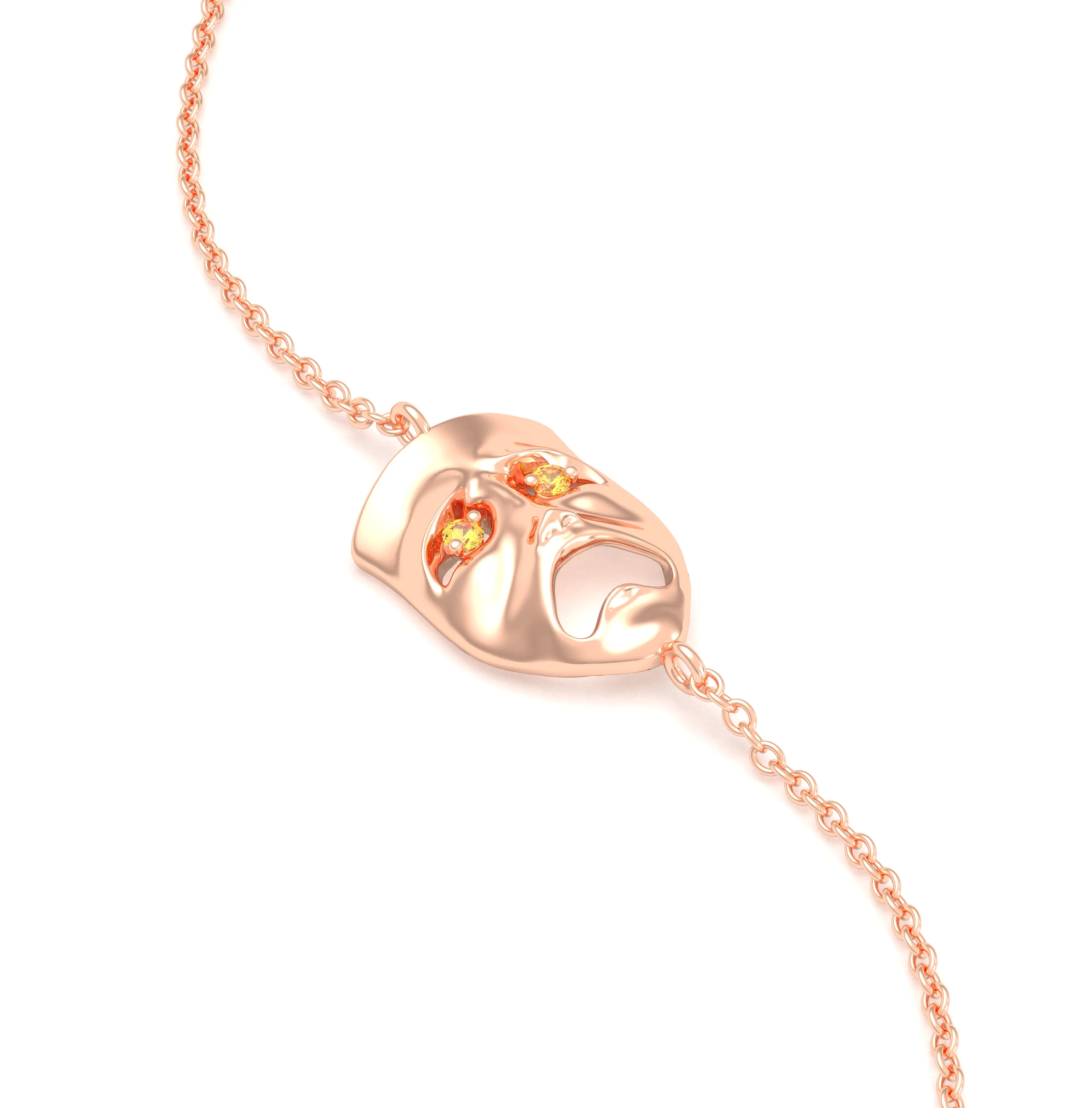 Bracelet Mélancolie en or rose 18 carats, masque théâtre triste Saphir jaune