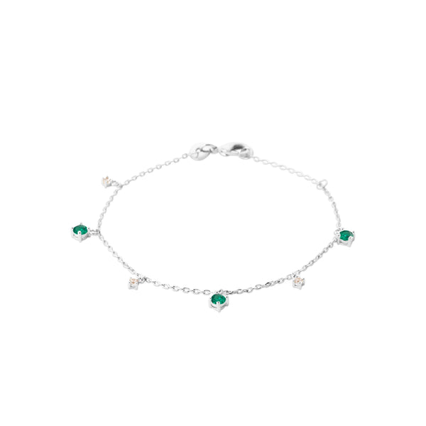 Bracelet pampilles vertes et zircons en argent 925, vue d’ensemble sur fond blanc