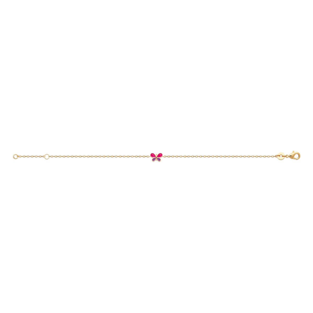 Bracelet papillon rose et violet enfant en plaqué or, 16 cm