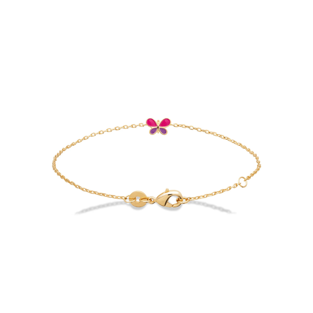 Bracelet papillon rose et violet enfant en plaqué or, 16 cm