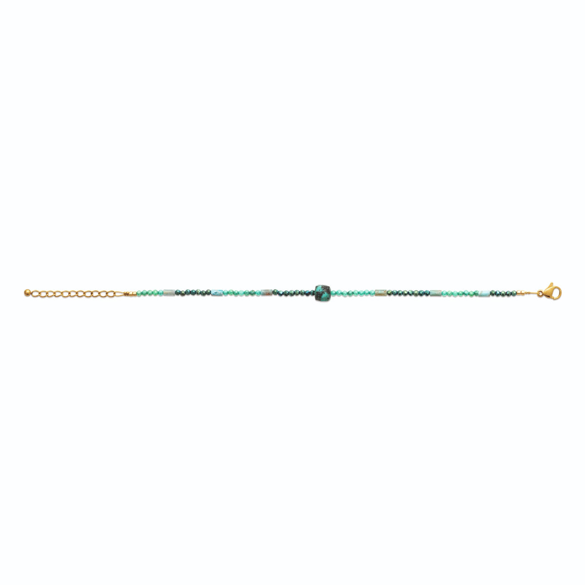 Bracelet perles bleu-vert et pierre centrale en acier PVD doré
