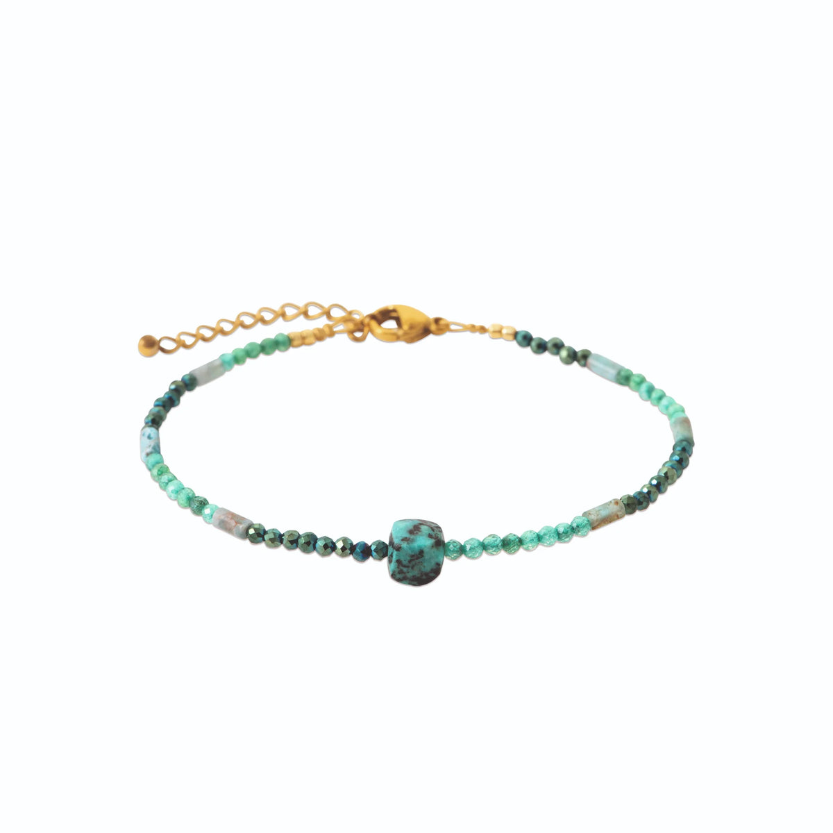 Bracelet perles bleu-vert et pierre centrale en acier PVD doré