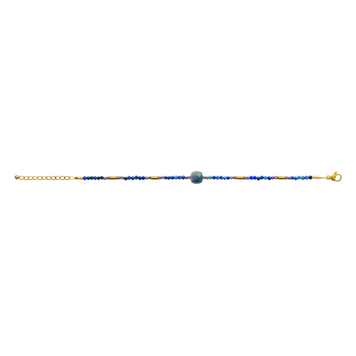 Bracelet perles bleues et iolite en acier PVD doré