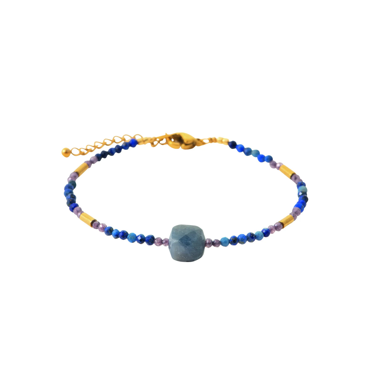 Bracelet perles bleues et iolite en acier PVD doré