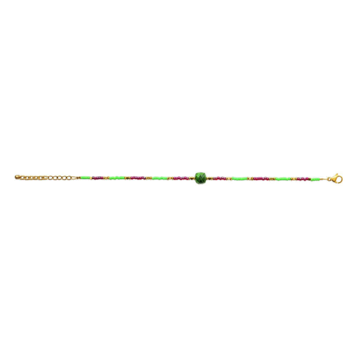 Bracelet perles colorées et cube de pierre verte en acier PVD doré