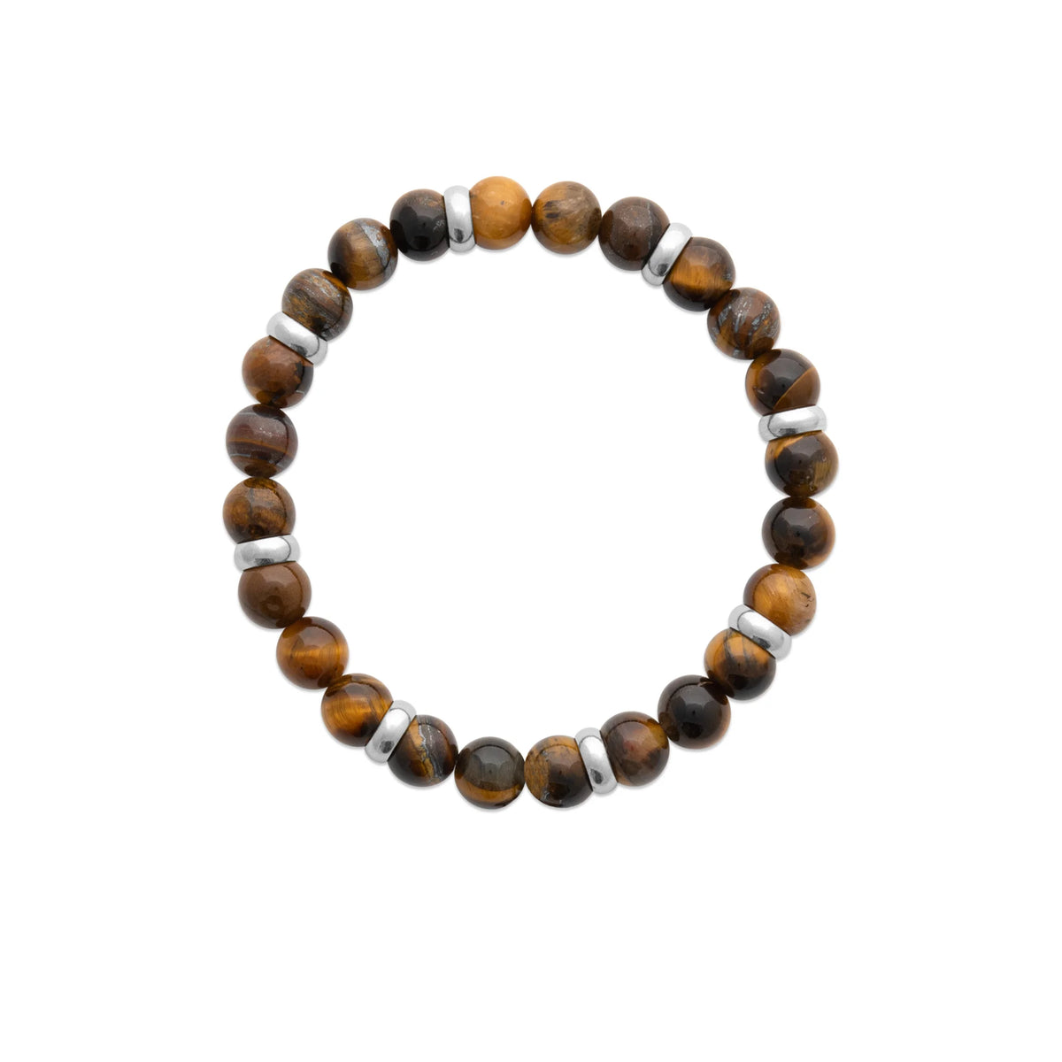 Bracelet perles d’œil-de-tigre et rondelles acier homme vu de profil