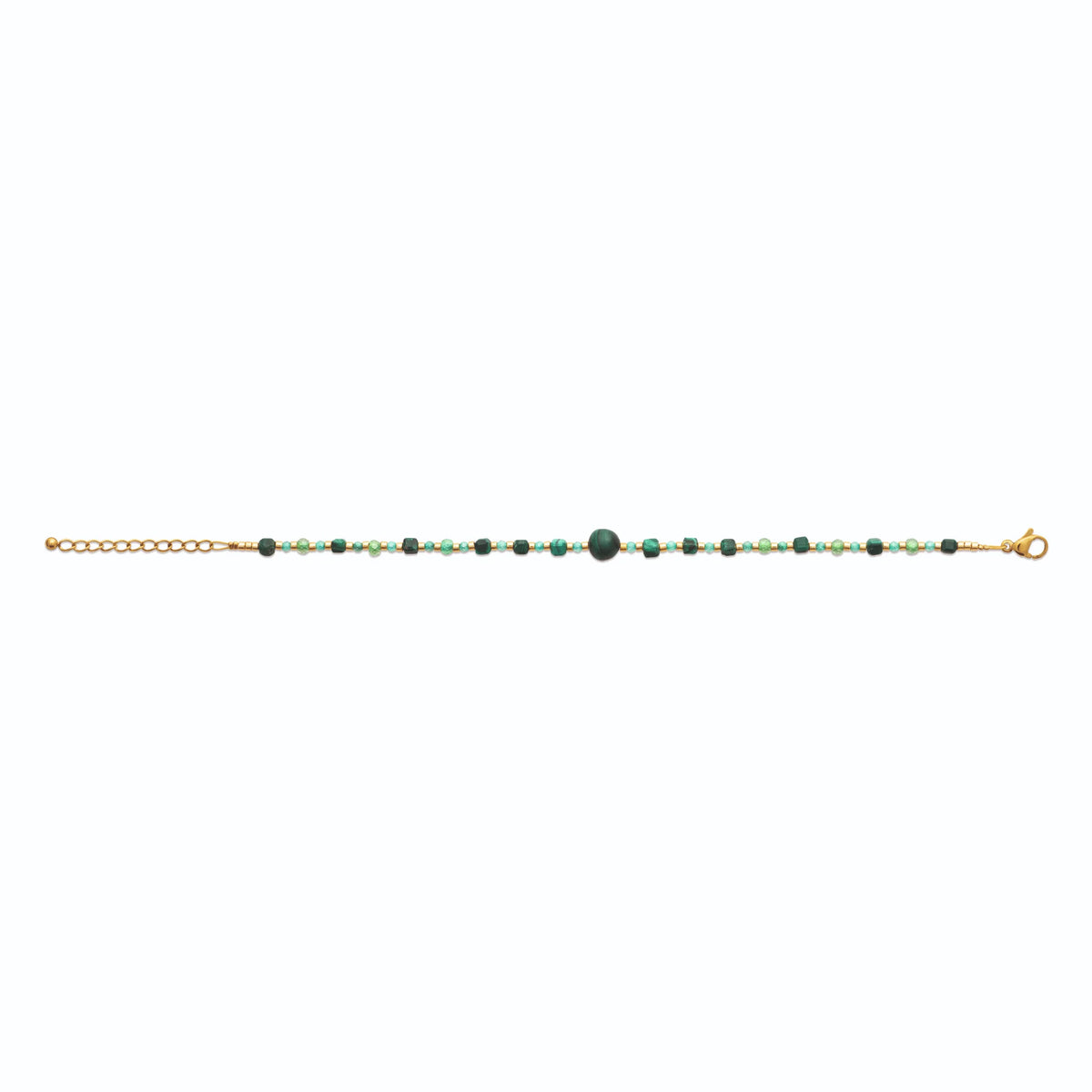Bracelet perles et cubes de malachite en acier PVD doré