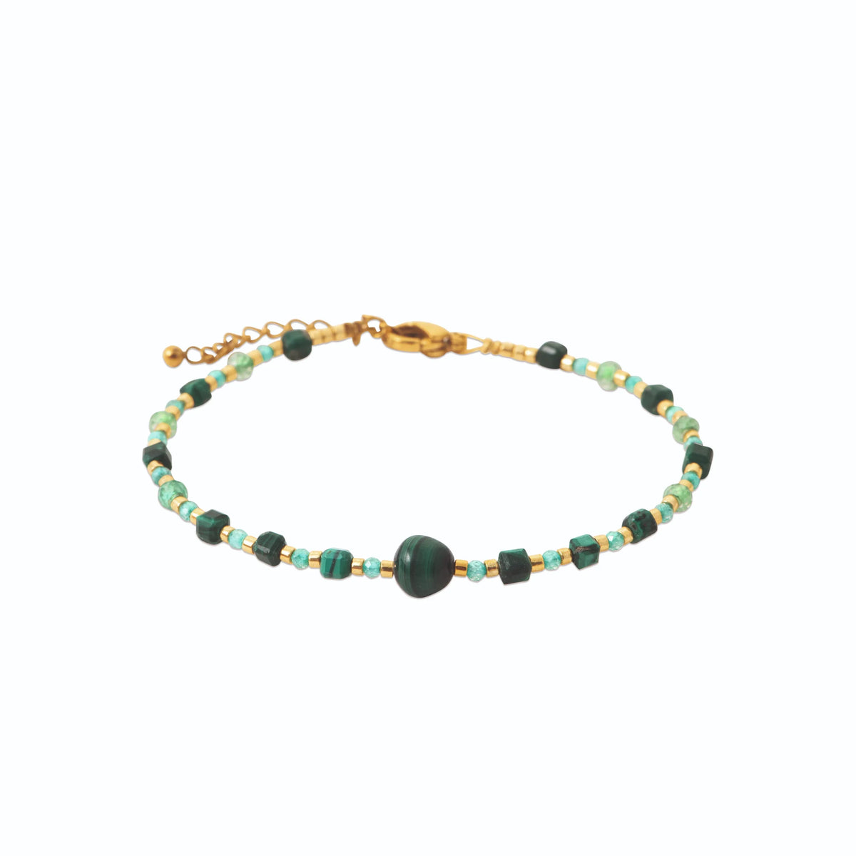 Bracelet perles et cubes de malachite en acier PVD doré