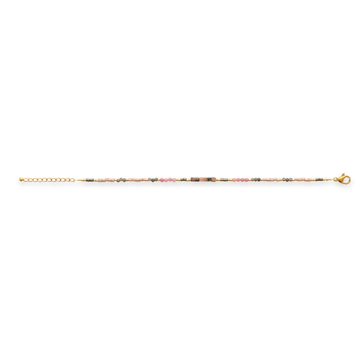 Bracelet perles et tubes de pierres naturelles roses en acier PVD doré