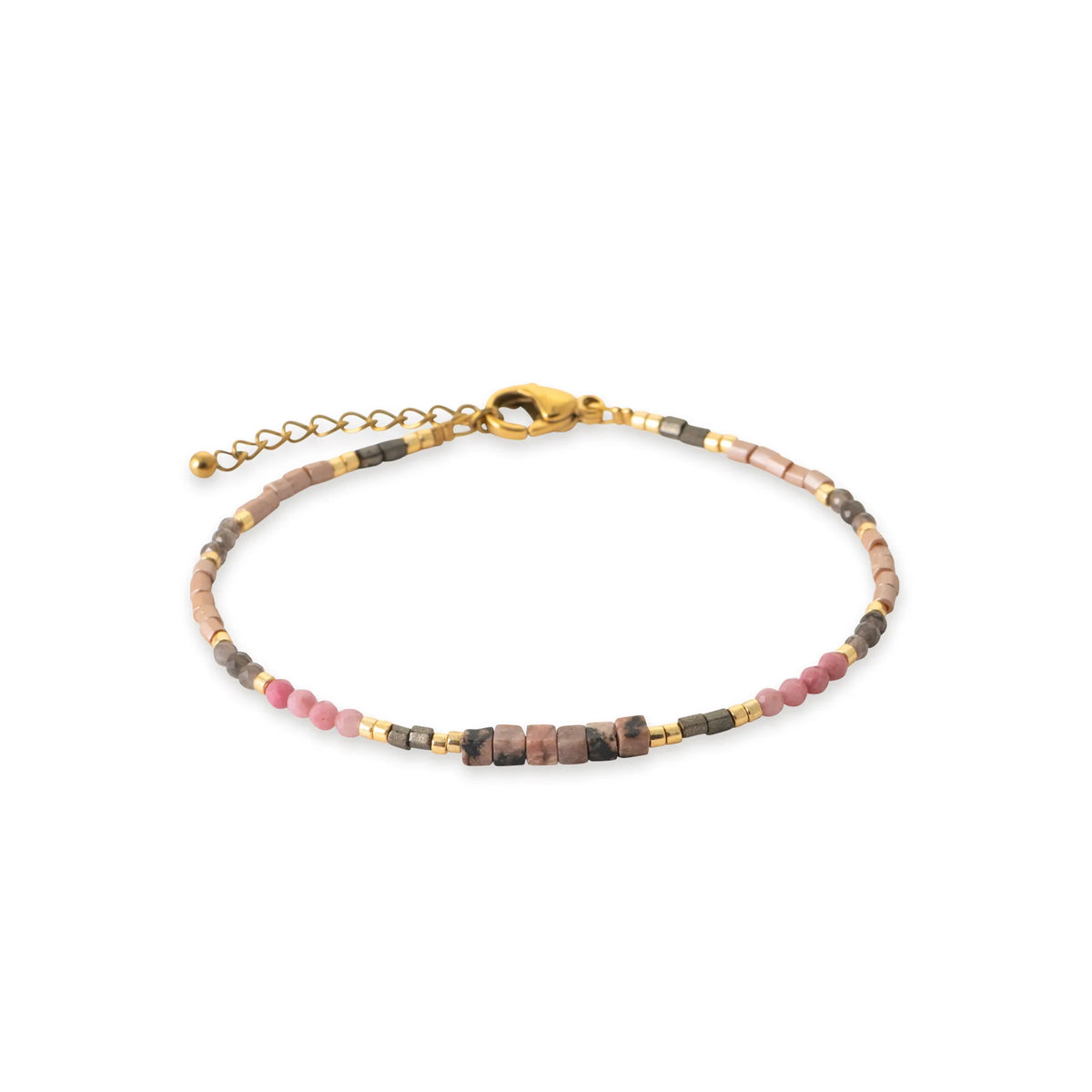 Bracelet perles et tubes de pierres naturelles roses en acier PVD doré