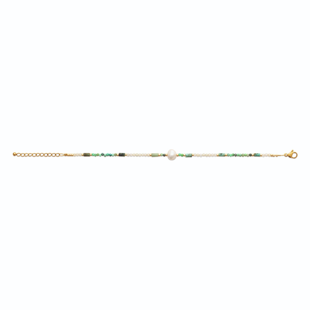 Bracelet perles vertes et blanches et perle centrale en acier PVD doré