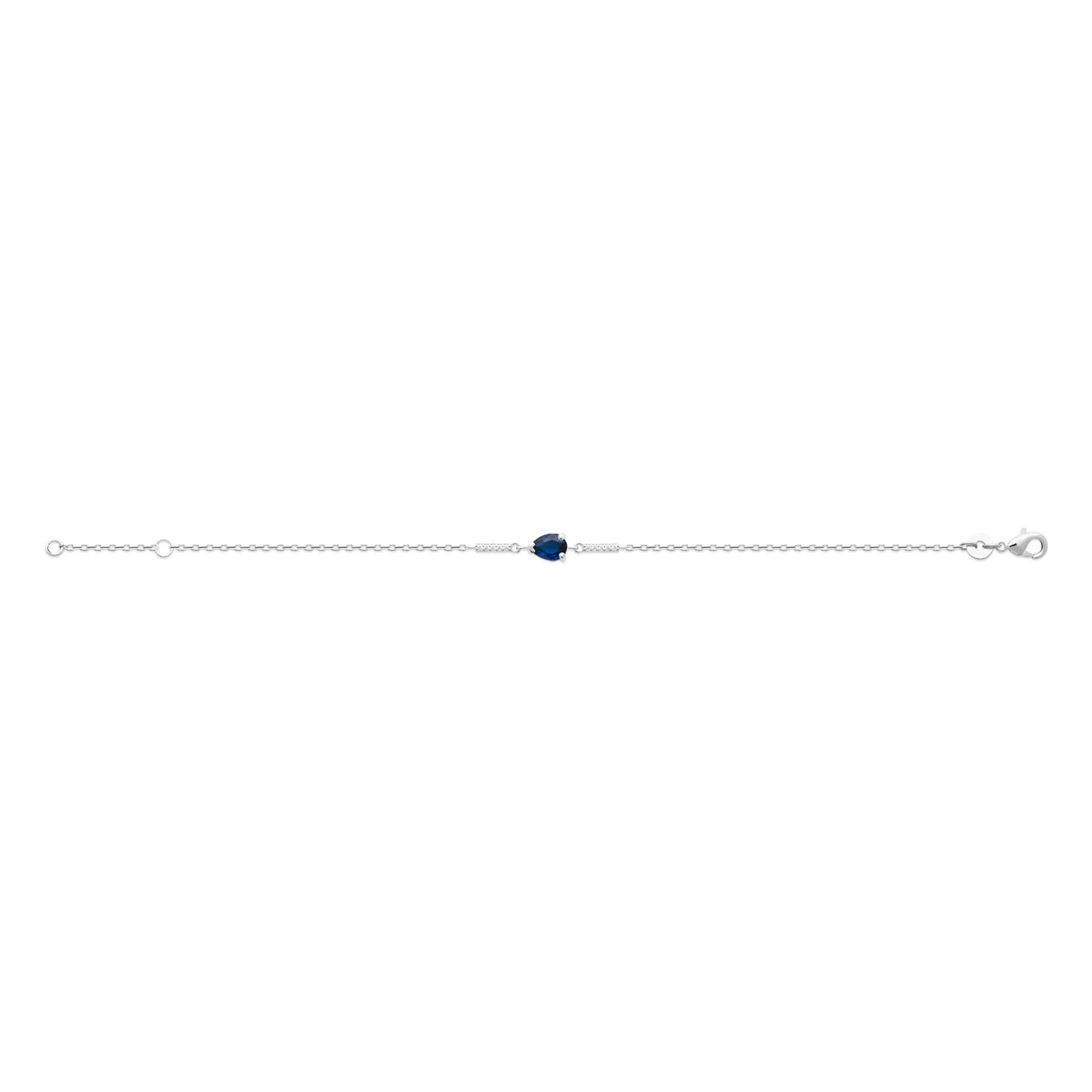 Bracelet pierre bleu nuit taille poire et barrettes de zircons en argent 925, posé à plat sur toute sa longueur