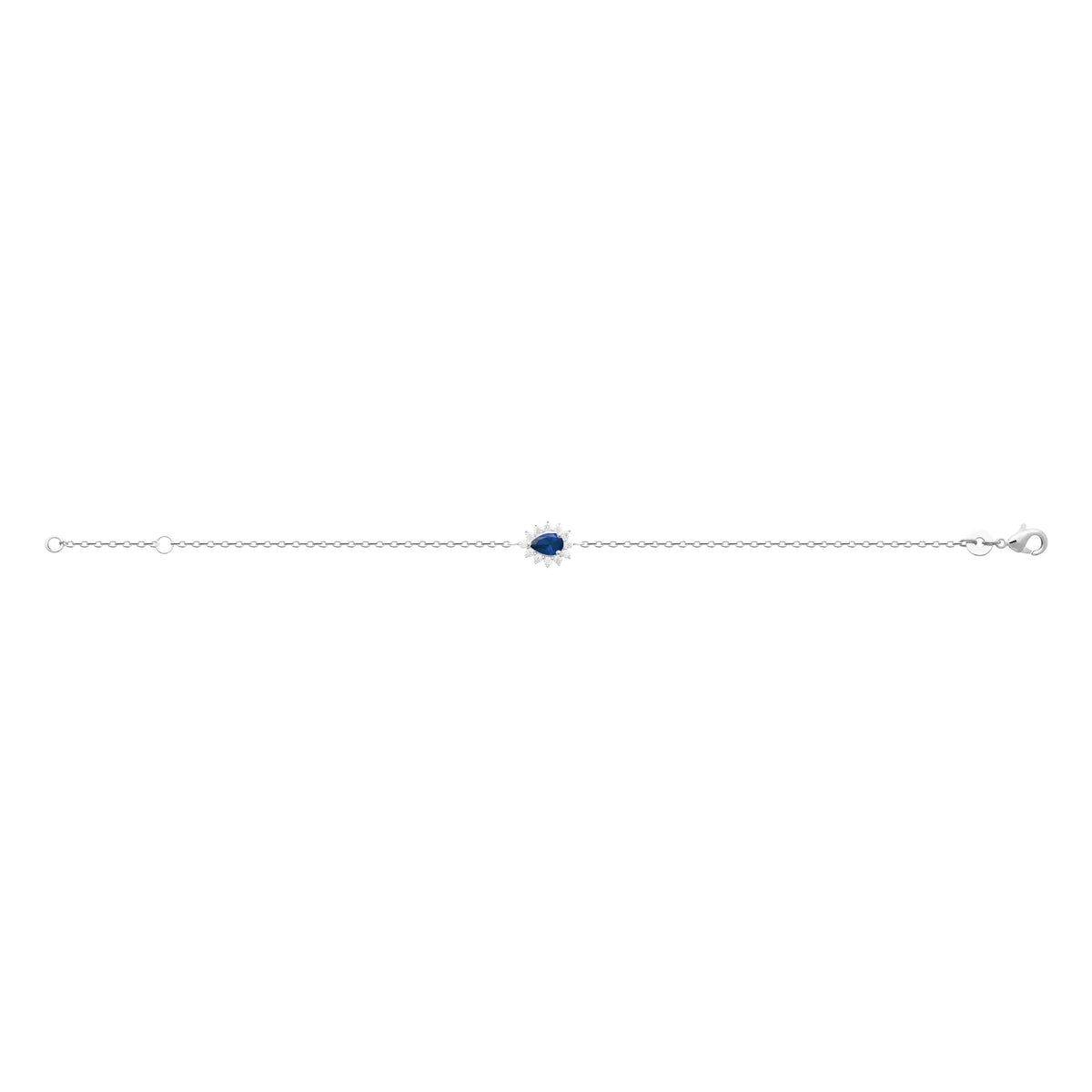 Bracelet pierre bleu nuit taille poire et halo de zircons en argent 925, posé à plat sur toute sa longueur