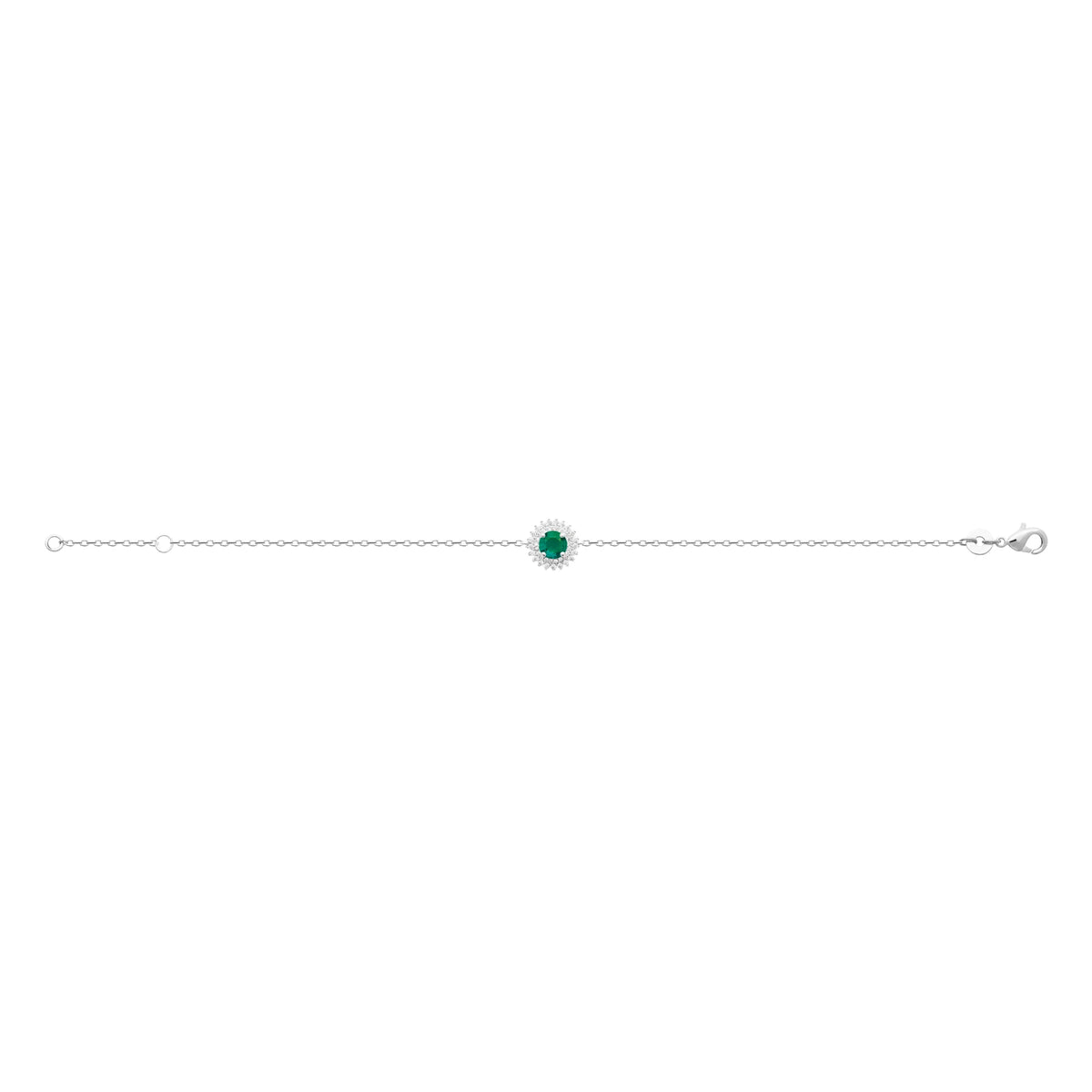 Bracelet pierre verte ronde et double halo de zircons en argent 925, posé à plat sur toute sa longueur