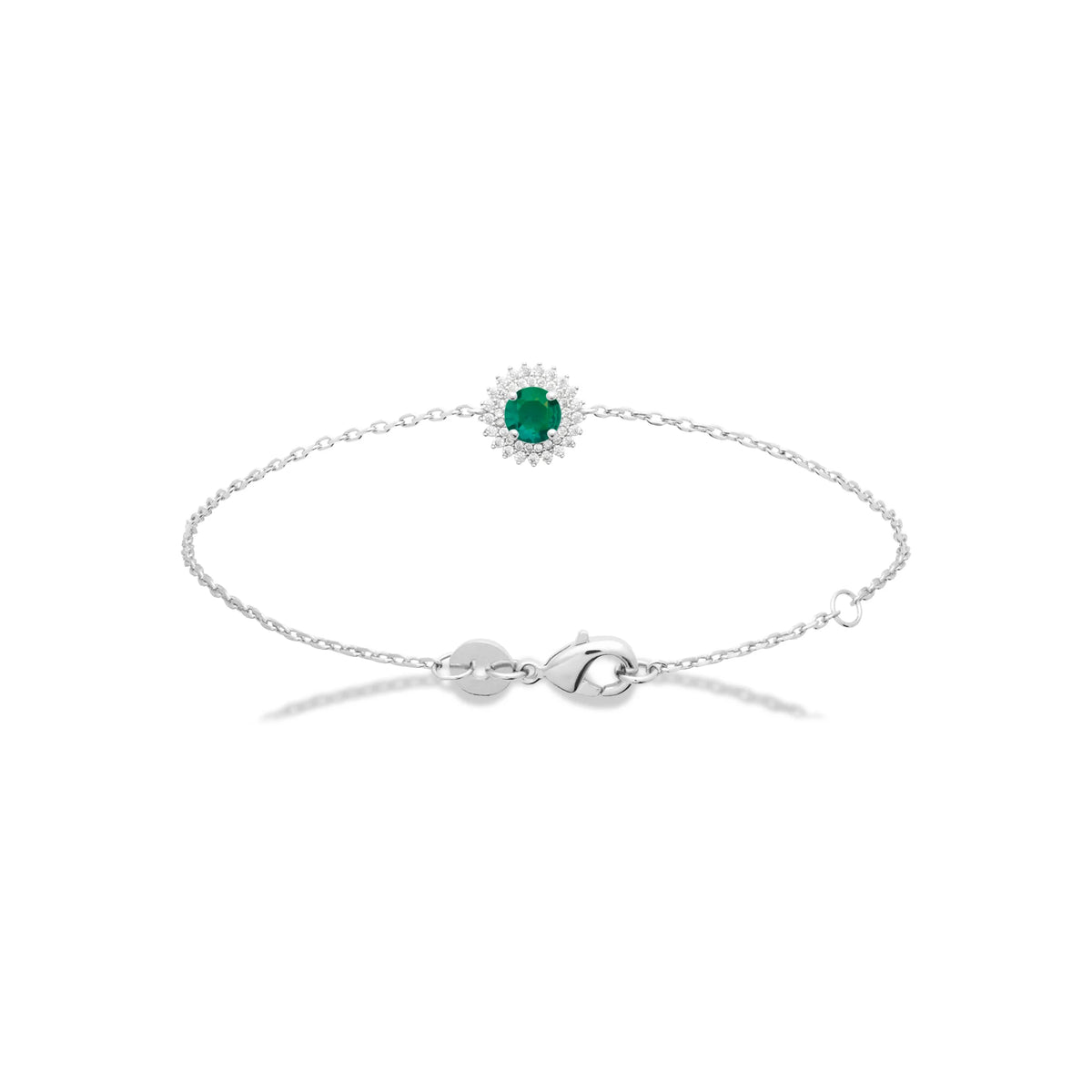 Bracelet pierre verte ronde et double halo de zircons en argent 925, vue d’ensemble sur fond blanc