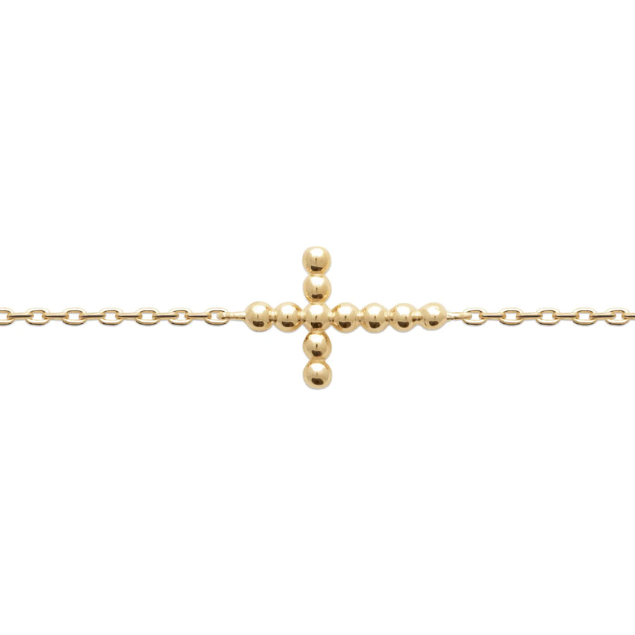 Bracelet chaîne fine et croix de billes en plaqué or, vue de face