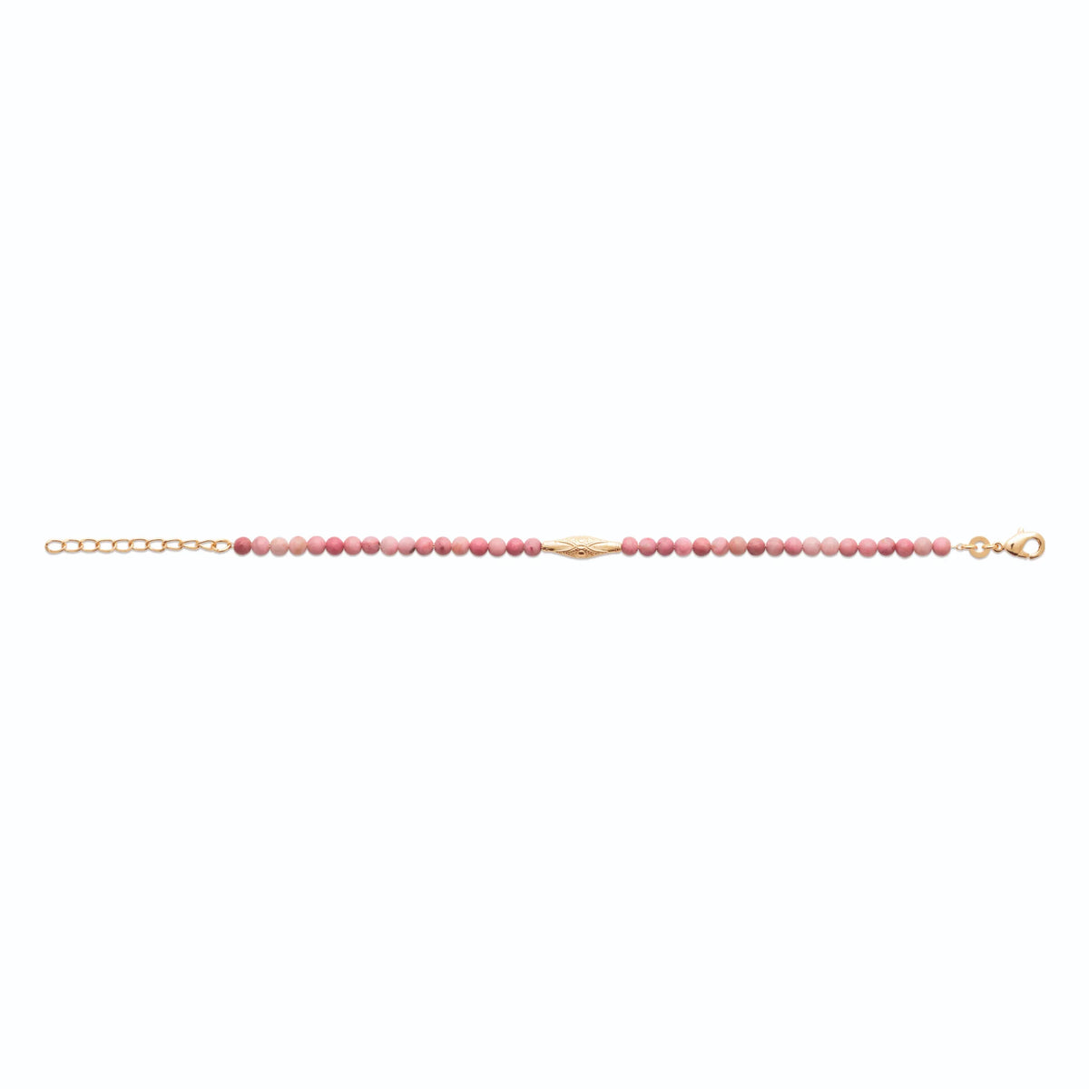 Bracelet rang de perles de pierres roses et navette ciselée en plaqué or