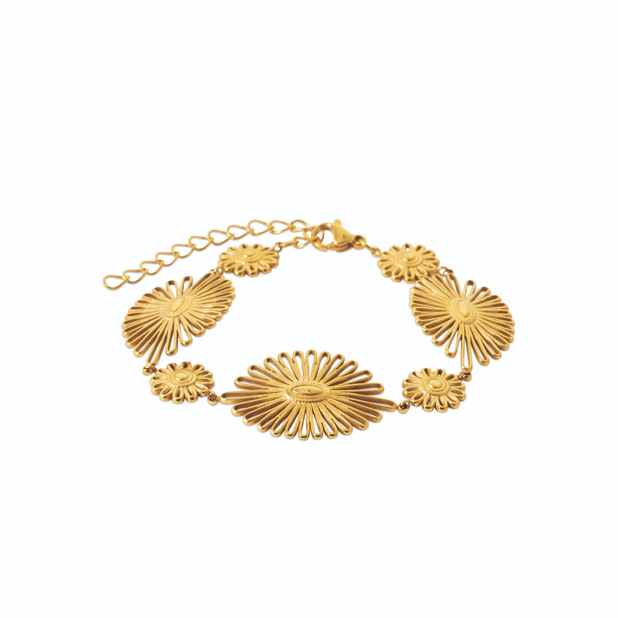 Bracelet soleils ajourés en acier PVD doré, vue de face