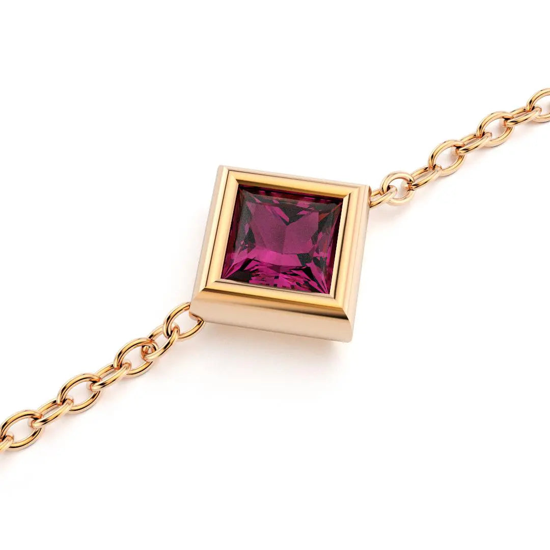 bracelet byzance pour femme forme carré en or rose avec rhodolite