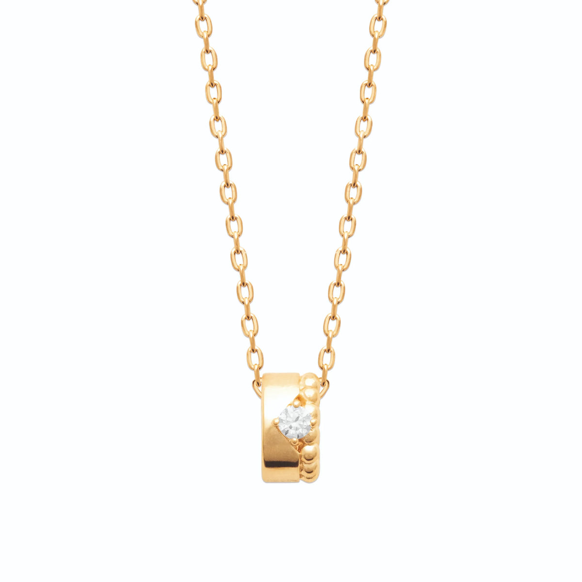 Collier anneau coulant perlé et zircon rond en plaqué or