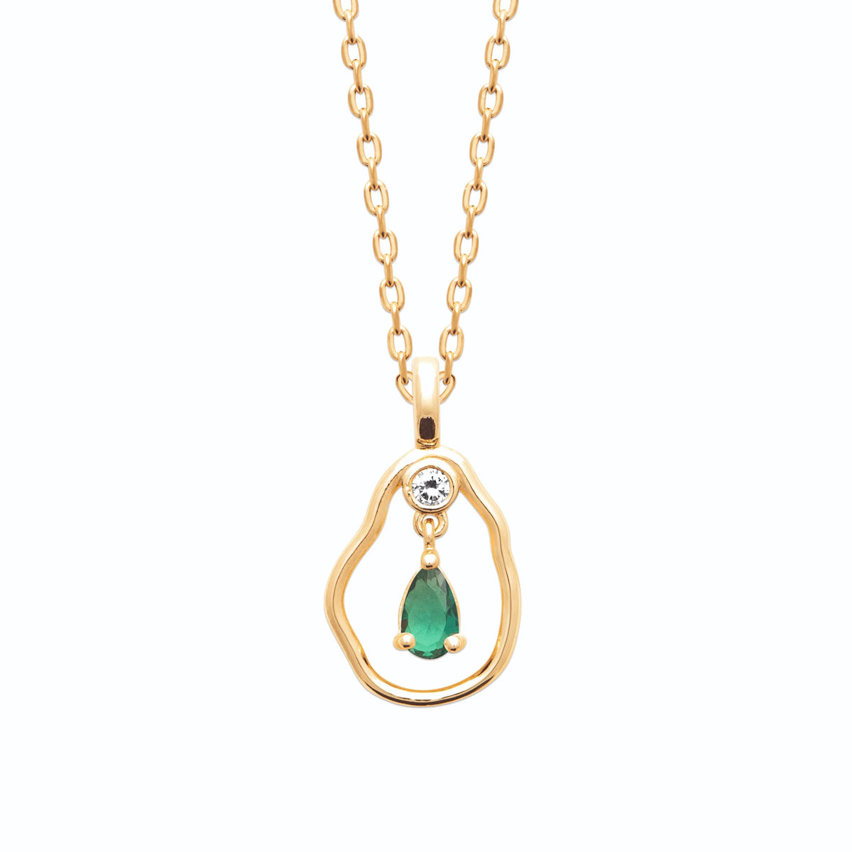 Collier anneau galet et pierre verte en plaqué or
