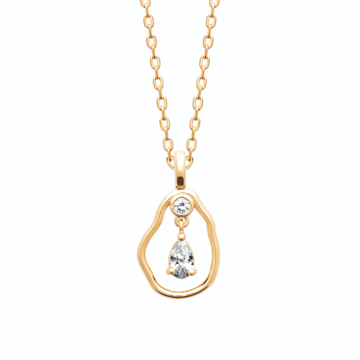 Collier anneau galet et zircon poire en plaqué or