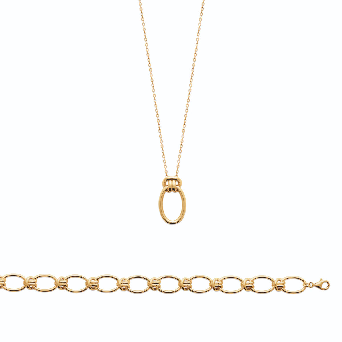 Collier grand anneau ovale poli et faisceau d’anneaux en plaqué or
