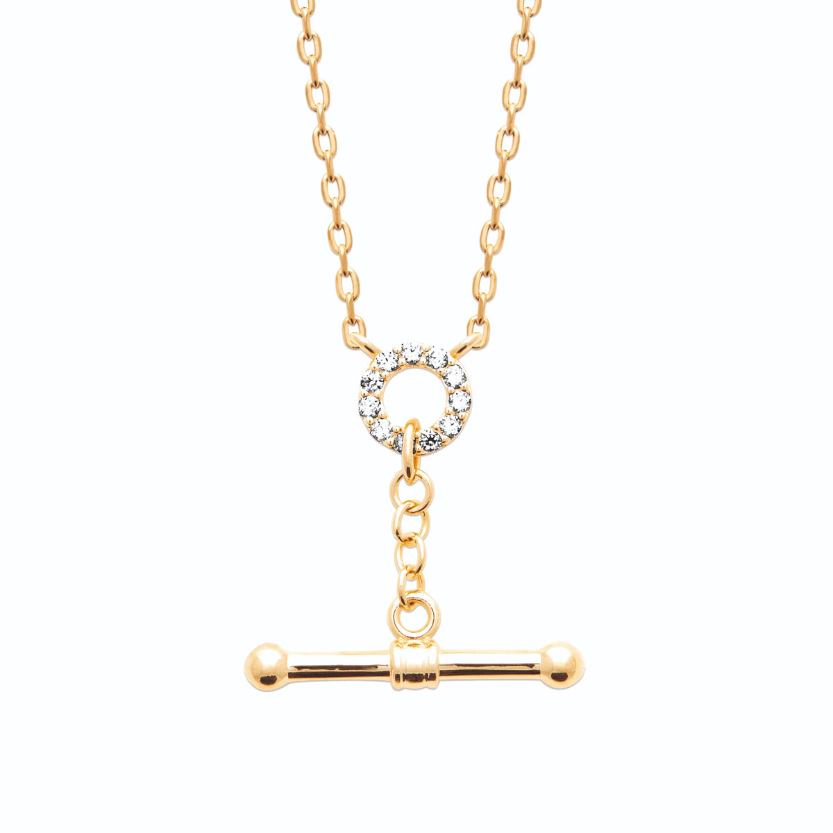 Collier anneau pavé de zircons et barre en T en plaqué or