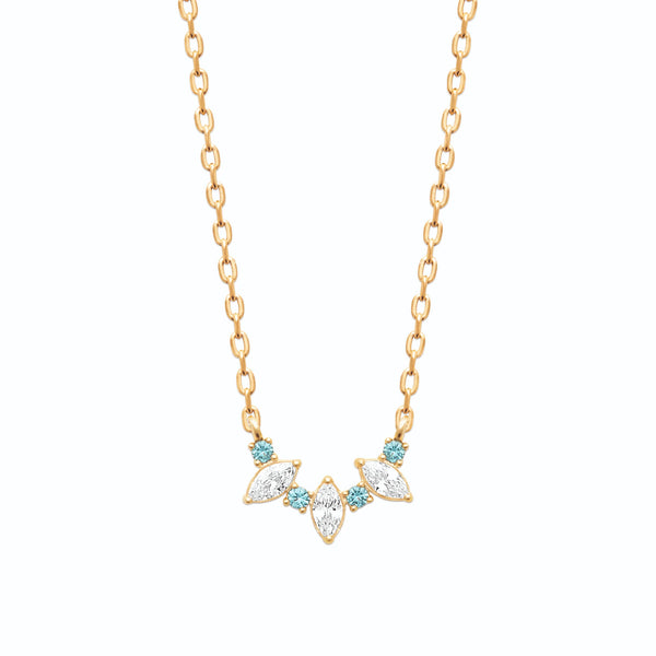 Collier en plaqué or, arc de zircons navette alternés avec des pierres rondes bleu ciel