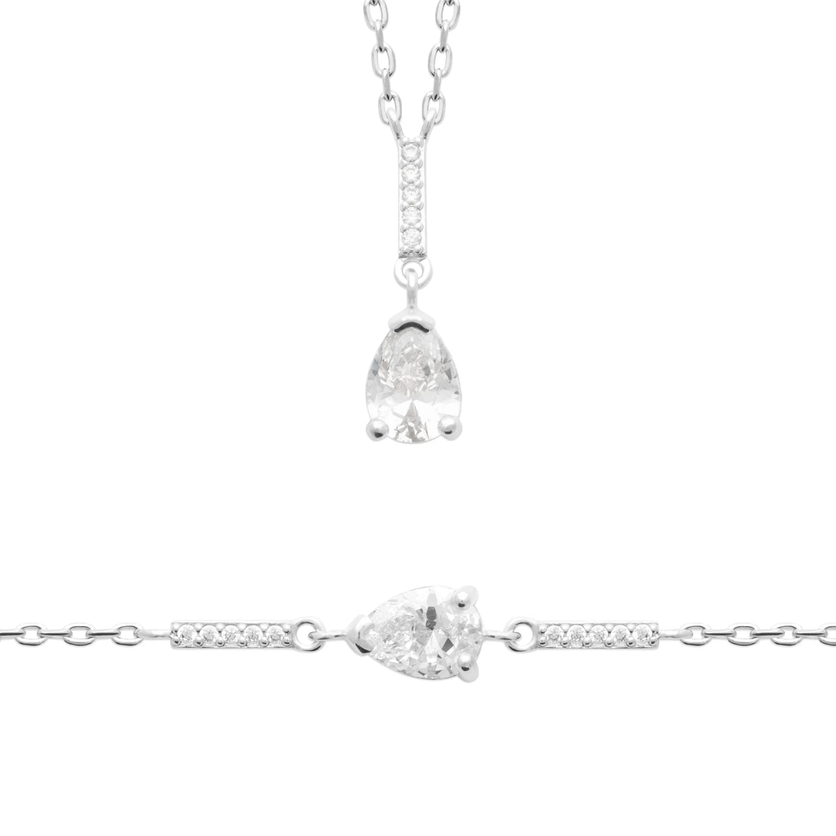 Collier barrette pavée de zircons et zircon poire en argent 925