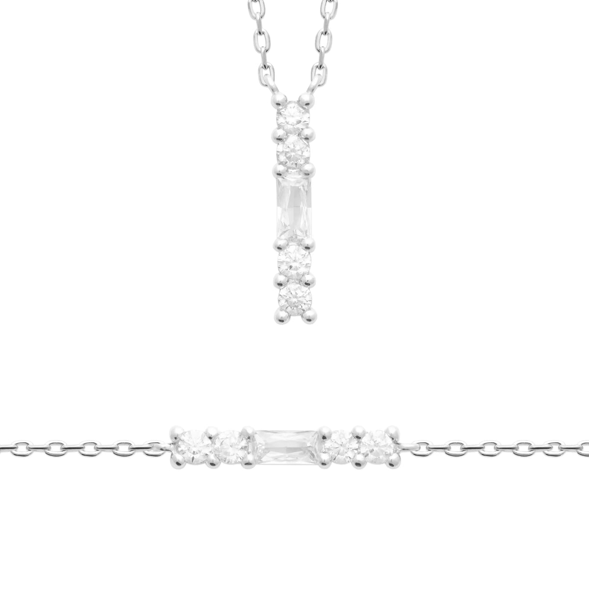 Collier barrette verticale de zircons ronds et baguette en argent 925