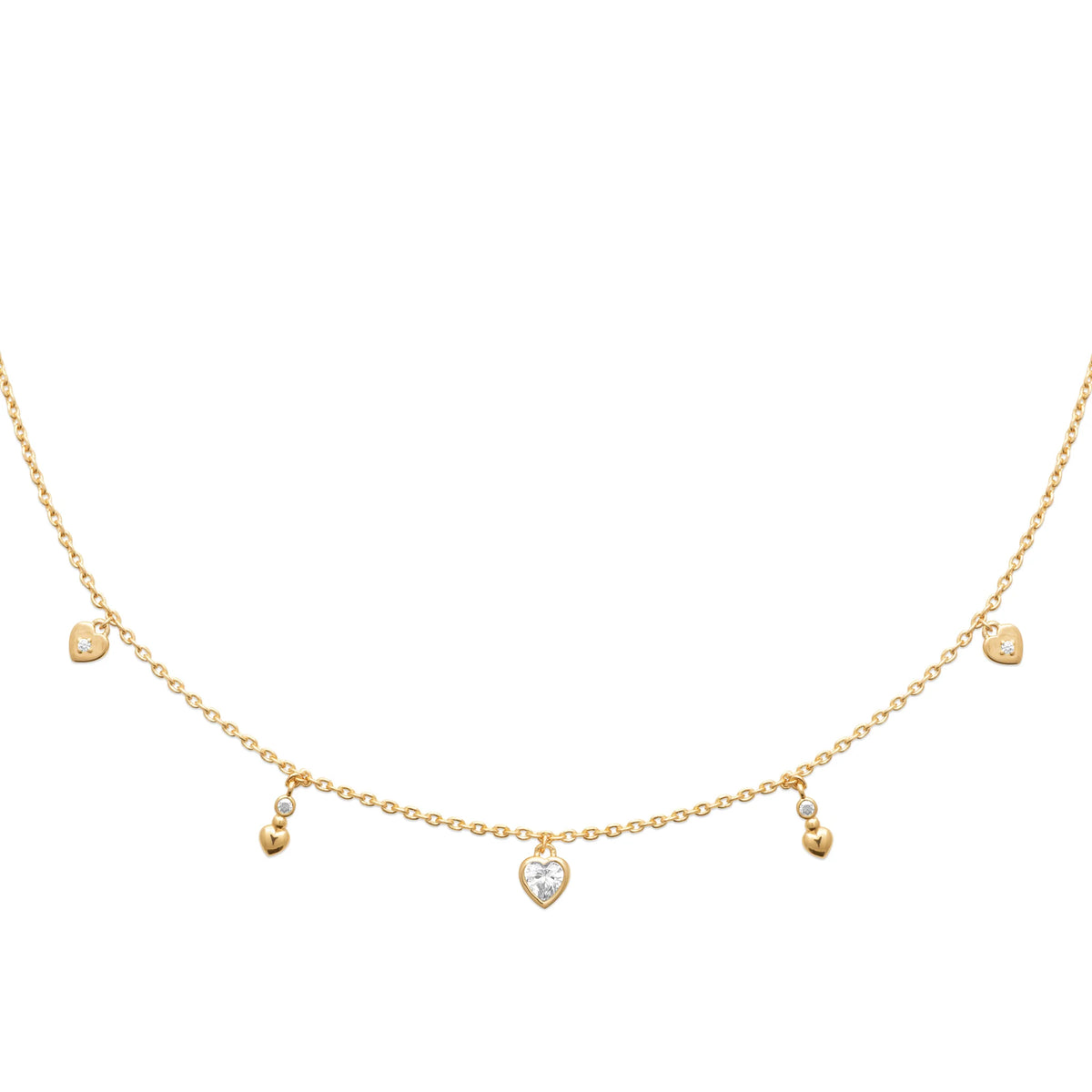 Collier chaîne à pampilles cœurs et gouttes en plaqué or