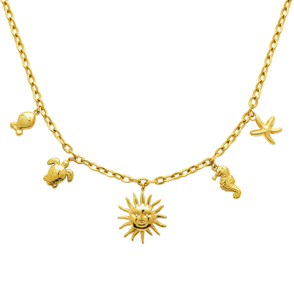 Collier en acier doré à breloques marines : poisson, tortue, soleil, hippocampe et étoile de mer