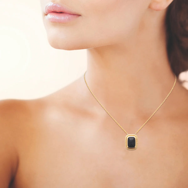 Collier cabochon d’aventurine bleue et cadre torsadé en plaqué or, autre vue