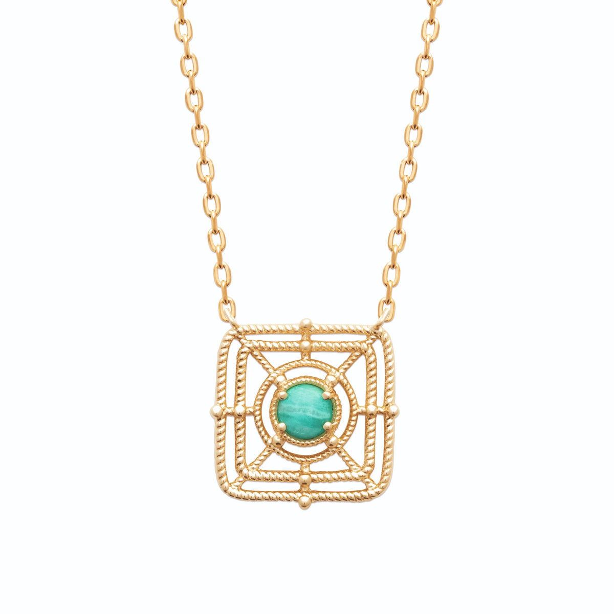 Collier carré ajouré et perle d’amazonite en plaqué or