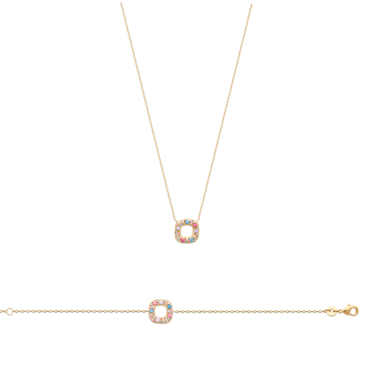 Collier carré ouvert pavé de pierres multicolores en plaqué or