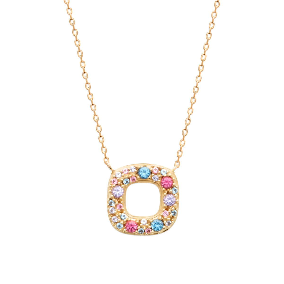 Collier carré ouvert pavé de pierres multicolores en plaqué or