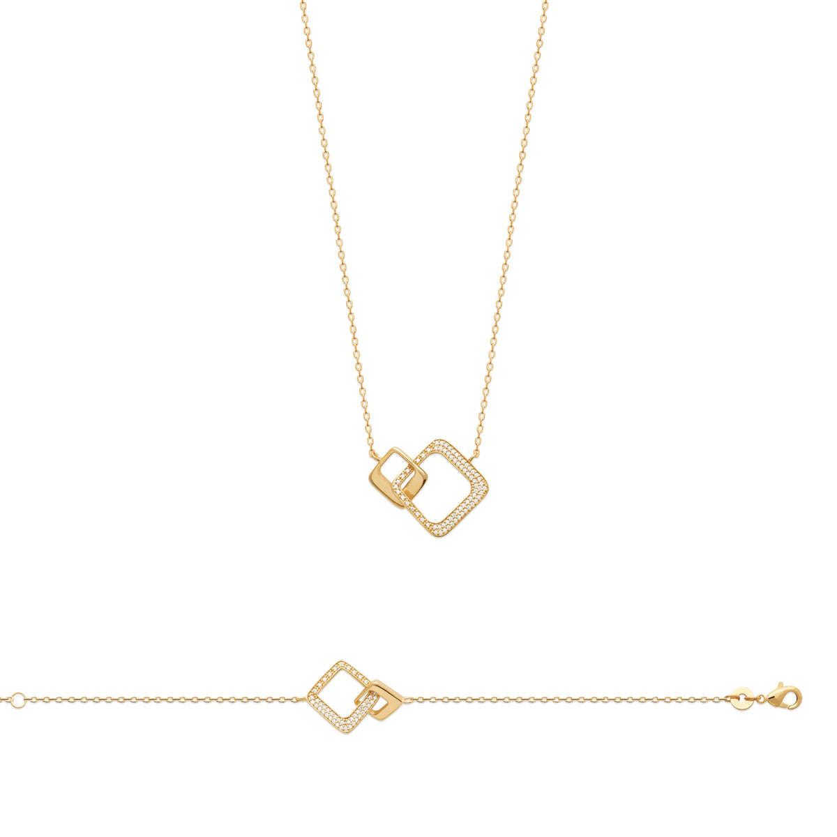 Collier deux carrés entrelacés poli et pavé de zircons en plaqué or