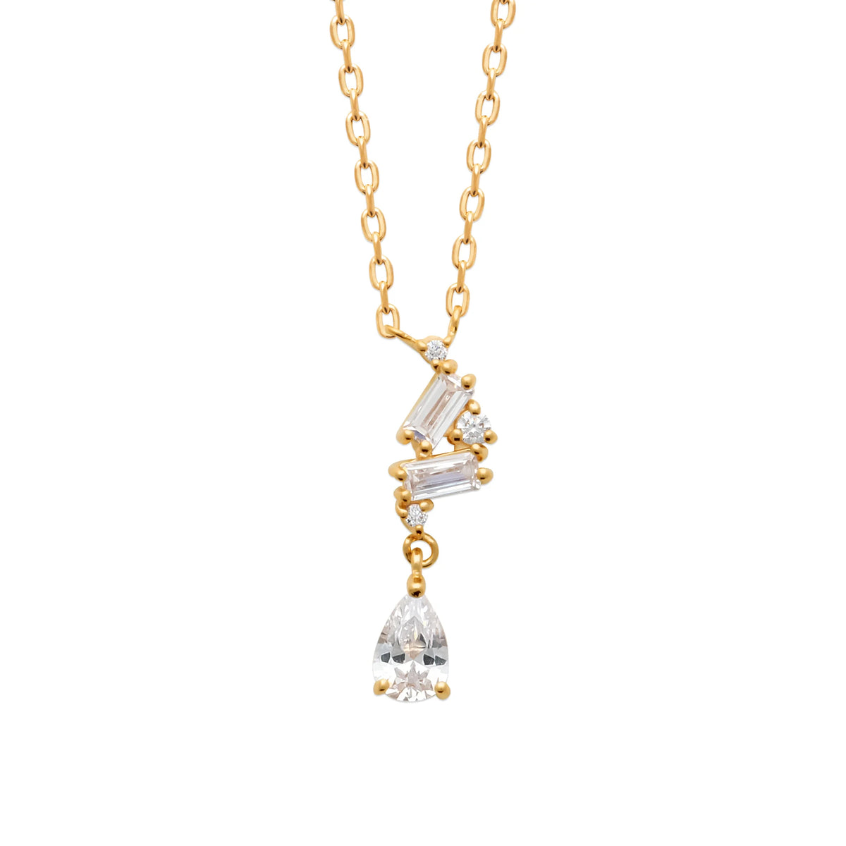 Collier cascade de zircons baguette et goutte en plaqué or