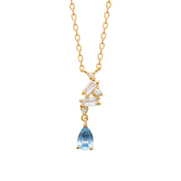 Collier cascade de zircons et goutte bleu ciel en plaqué or
