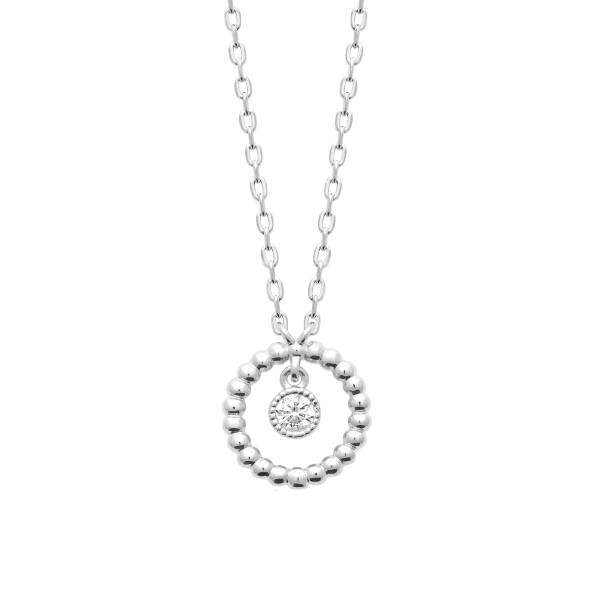 Collier cercle de billes et zircon suspendu en argent 925