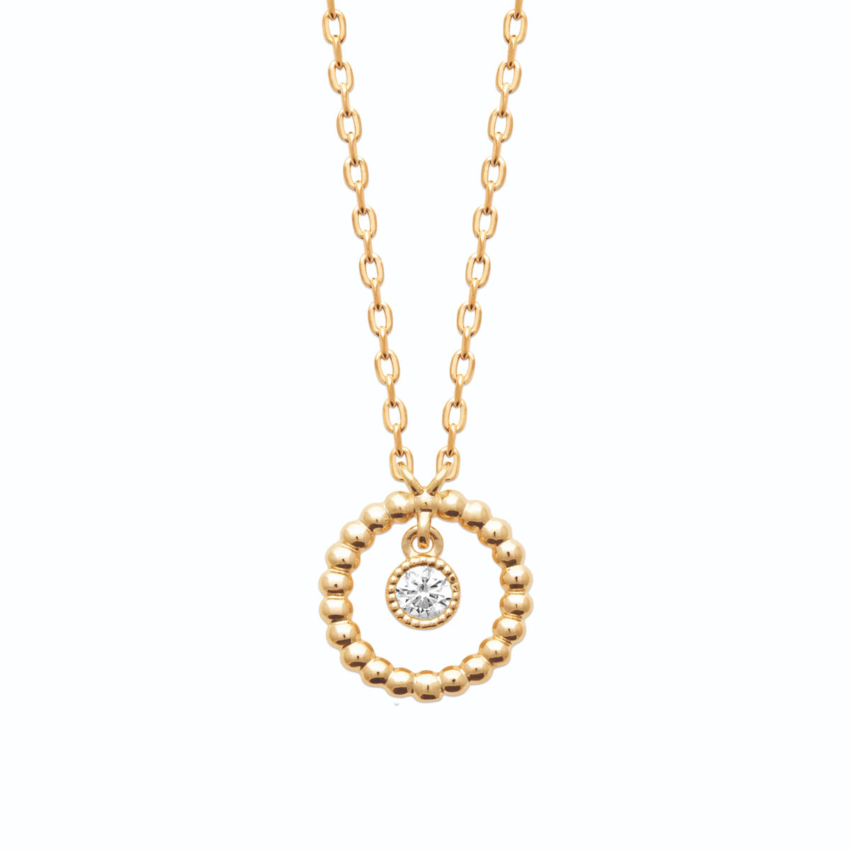 Collier cercle de billes et zircon suspendu en plaqué or