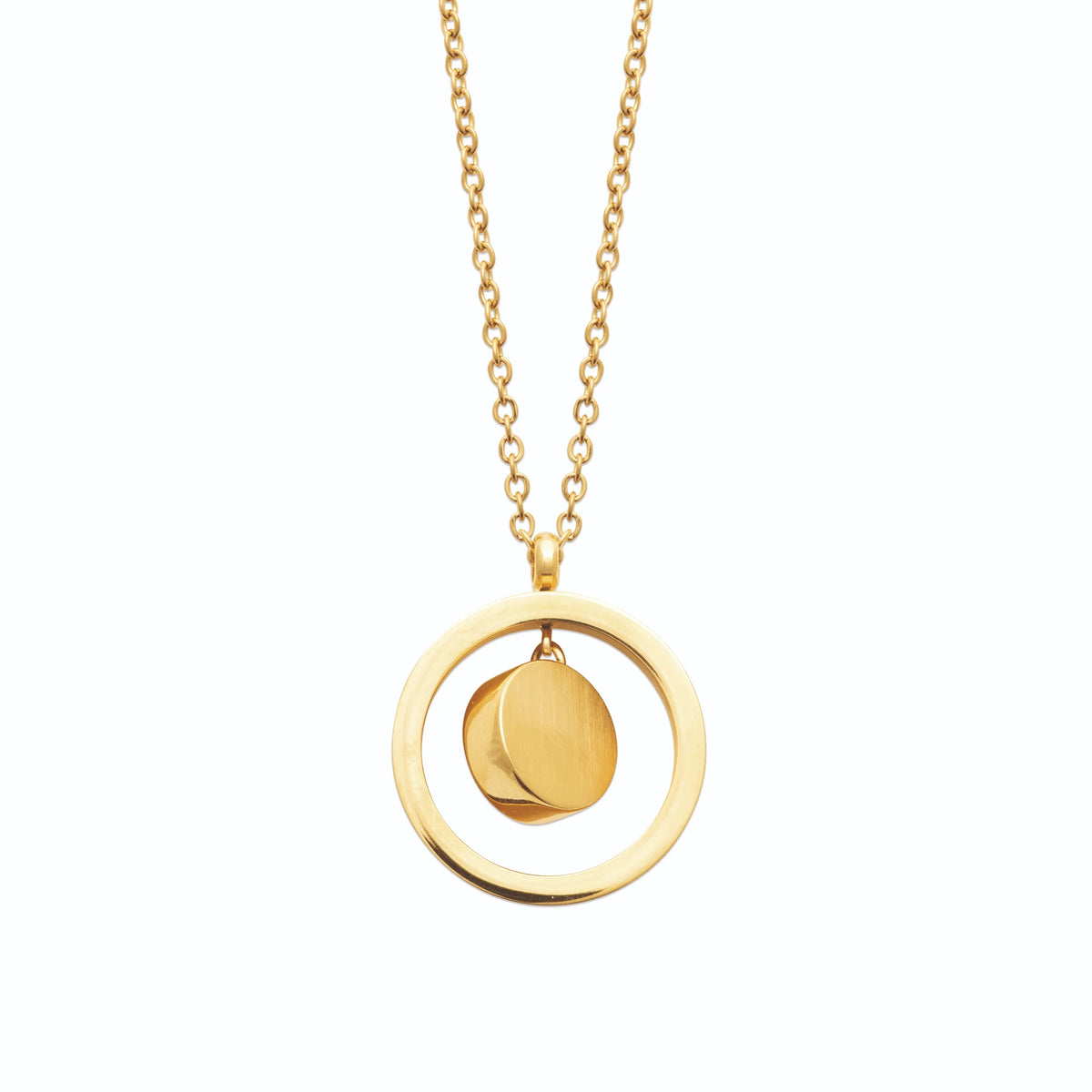 Collier cercle lisse et pastille bombée en acier doré