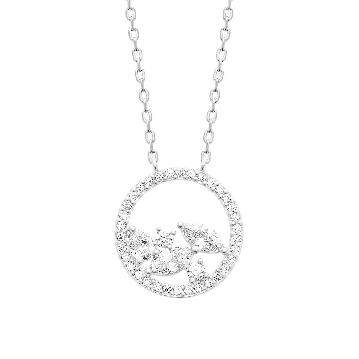 Vue d’ensemble du collier cercle fleuri en argent 925 avec sa chaîne