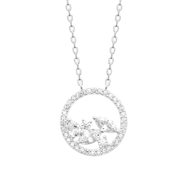 Collier en argent 925, cercle pavé de zircons enfermant un bouquet de zircons navette