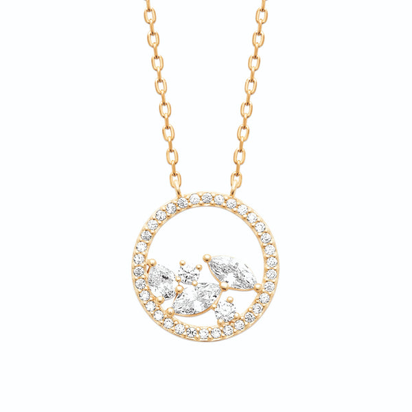 Collier en plaqué or, anneau pavé de zircons et bouquet central de zircons navette